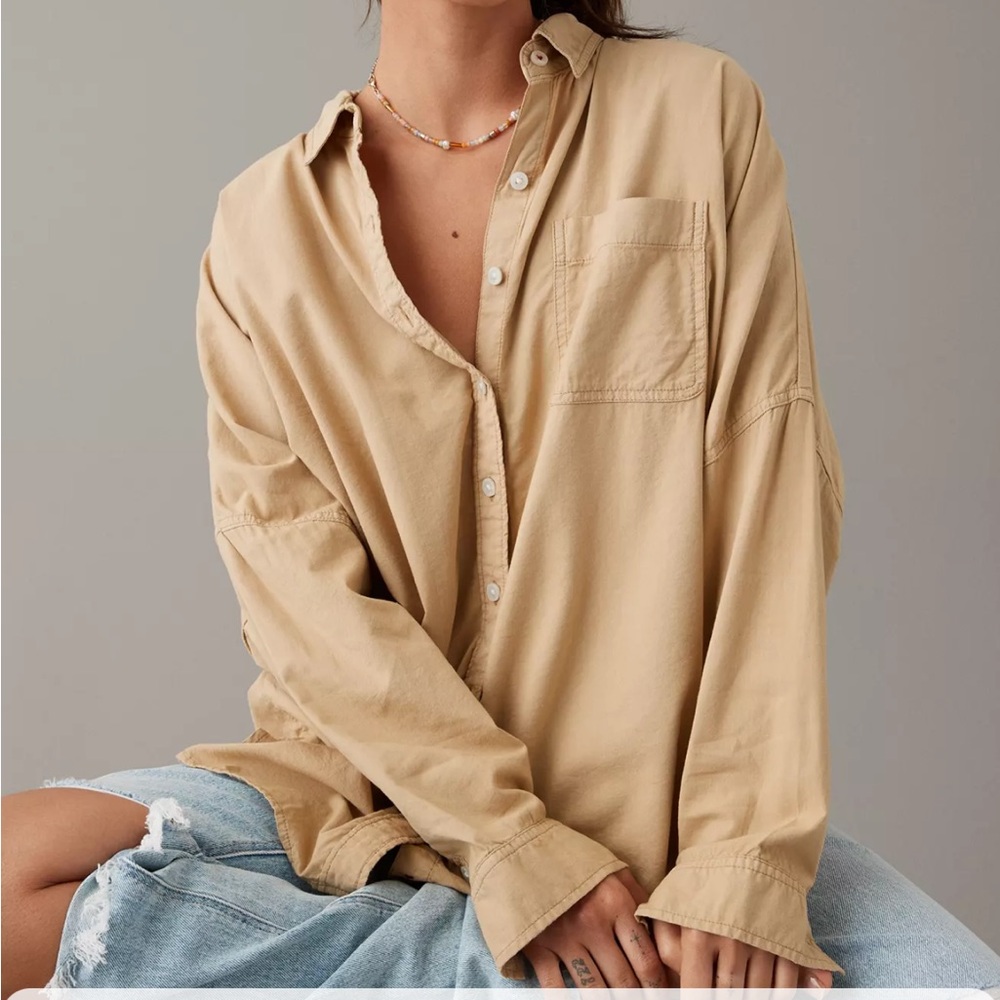 American Eagle AE Go Big Oversized Shirt Womens Medium Tan